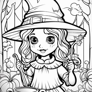 Pode incluir: Uma ilustra&ccedil;&atilde;o em preto e branco para colorir apresentando um personagem jovem usando um chap&eacute;u de bruxa pontudo de aba larga e uma blusa com gola. O personagem segura um galho fino e est&aacute; atr&aacute;s de um pequeno caldeir&atilde;o com rosto sorridente.