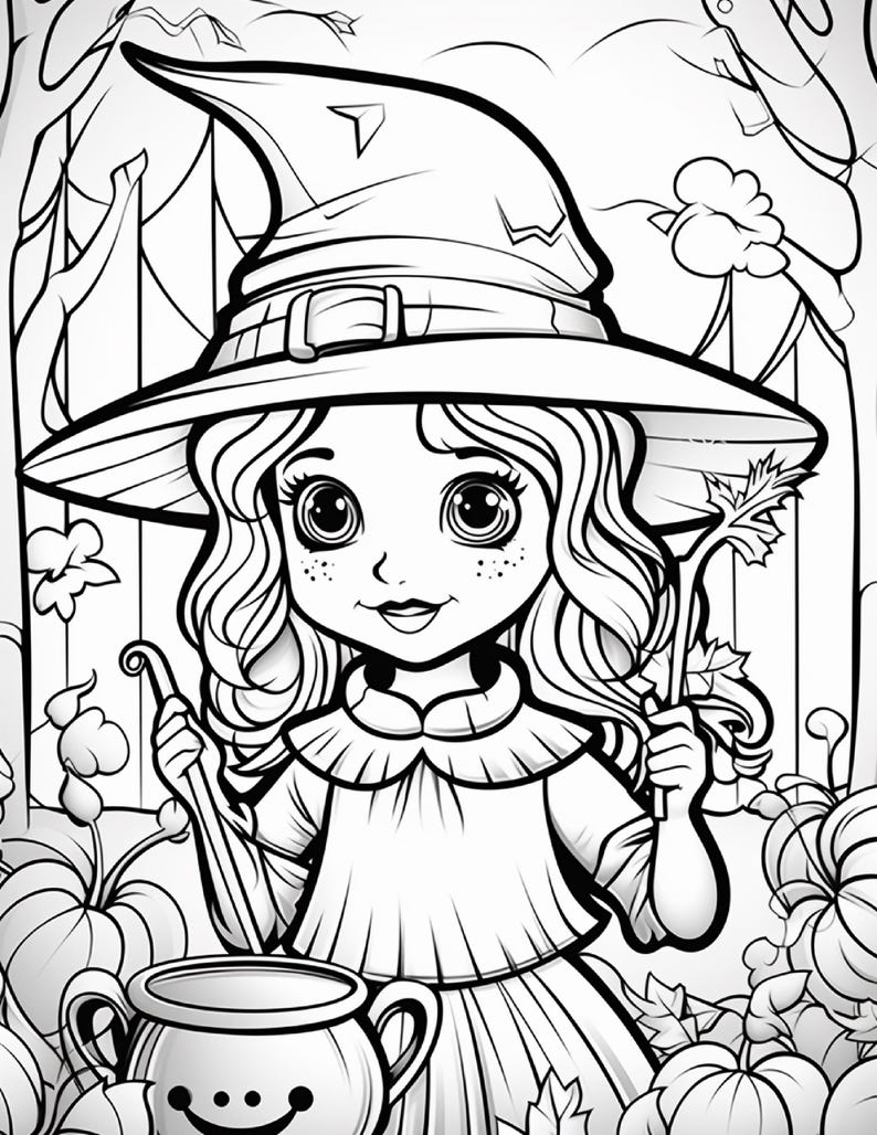 Pode incluir: Uma ilustra&ccedil;&atilde;o em preto e branco para colorir apresentando um personagem jovem usando um chap&eacute;u de bruxa pontudo de aba larga e uma blusa com gola. O personagem segura um galho fino e est&aacute; atr&aacute;s de um pequeno caldeir&atilde;o com rosto sorridente.