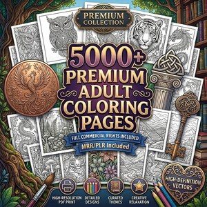 Pode incluir: Uma cole&ccedil;&atilde;o digital de mais de 5000 p&aacute;ginas premium para colorir para adultos com ilustra&ccedil;&otilde;es complexas em preto e branco de corujas, tigres, drag&otilde;es e paisagens, apresentadas com um t&iacute;tulo central, uma moeda de f&ecirc;nix de bronze e uma chave decorativa.