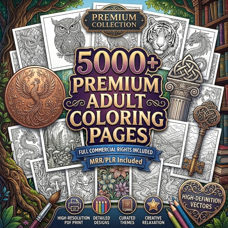 Pode incluir: Uma cole&ccedil;&atilde;o digital de mais de 5000 p&aacute;ginas premium para colorir para adultos com ilustra&ccedil;&otilde;es complexas em preto e branco de corujas, tigres, drag&otilde;es e paisagens, apresentadas com um t&iacute;tulo central, uma moeda de f&ecirc;nix de bronze e uma chave decorativa.