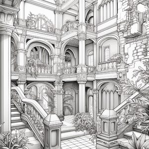 Pode incluir: Uma ilustra&ccedil;&atilde;o de arte linear em preto e branco de um interior arquitet&oacute;nico de v&aacute;rios n&iacute;veis com grandes escadarias, portas em arco, colunas ornamentadas e varandas. Plantas em vasos est&atilde;o dispostas e o ch&atilde;o &eacute; revestido com azulejos.