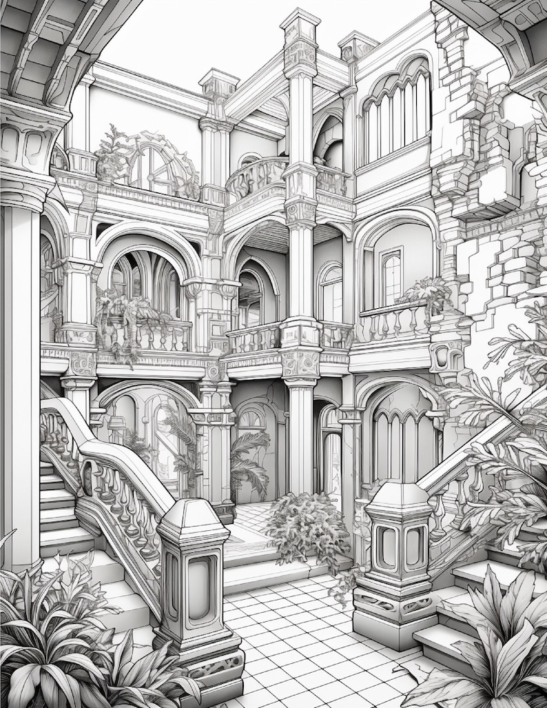 Pode incluir: Uma ilustra&ccedil;&atilde;o de arte linear em preto e branco de um interior arquitet&oacute;nico de v&aacute;rios n&iacute;veis com grandes escadarias, portas em arco, colunas ornamentadas e varandas. Plantas em vasos est&atilde;o dispostas e o ch&atilde;o &eacute; revestido com azulejos.