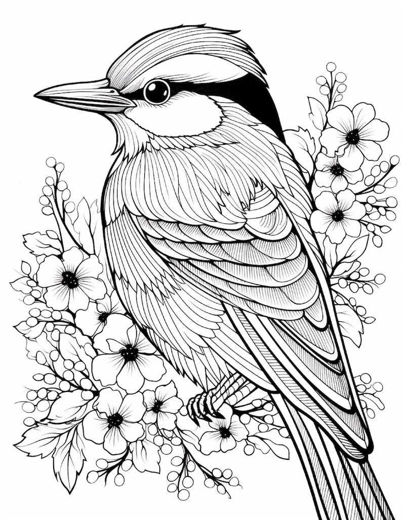Pode incluir: Uma ilustra&ccedil;&atilde;o de arte linear em preto e branco de um p&aacute;ssaro pousado entre cachos de flores e pequenas bagas. O p&aacute;ssaro apresenta padr&otilde;es de penas detalhados, um bico pontiagudo e um olho escuro. O arranjo floral inclui folhas.