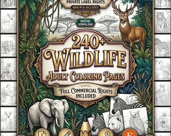 Pode incluir: Uma coleção digital de mais de 240 páginas para colorir para adultos com animais selvagens, um cervo, um elefante e folhagem de selva. O texto indica Master Resell Rights, Private Label Rights e Full Commercial Rights Included.