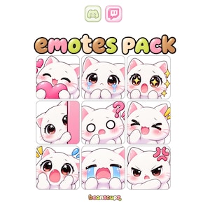 Könnte beinhalten: Ein digitales Emote-Paket mit neun Illustrationen einer weißen Katze mit verschiedenen Ausdrücken, darunter fröhlich, weinend und wütend. Der Text "emotes pack" steht oben, mit Discord- und Twitch-Symbolen und "beansoupz" unten.