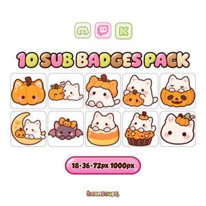 May include: A digital set of 10 Halloween-themed sub badges featuring white cats and pumpkins. The icons include cats in pumpkin costumes, a bat, a crescent moon, and a cupcake. Text includes 10 SUB BADGES PACK and 18-36-72px 1000px.
