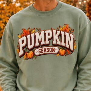 Sudadera de temporada de calabazas, jersey retro vintage de cuello redondo de otoño, jersey con estampado de hojas de otoño, jersey acogedor de campo de calabazas de Acción de Gracias