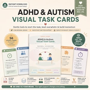 ADHD & Autism Visual Task Cards | Body Doubling + Task Initiation Bundle | Printable Executive Function Cards | Neurodivergent Planner PDF