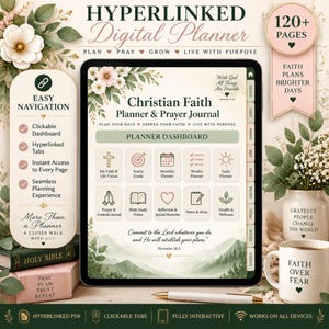 May include: A digital Christian faith planner and prayer journal displayed on a tablet screen, featuring a dashboard with clickable icons for yearly, monthly, weekly, and daily planning, plus sections for prayer, bible study, and health.