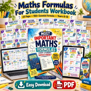 May include: A workbook titled Maths Formulas For Students Workbook featuring 150+ essential formulas for years 6-12. The cover displays a calculator, a notebook, a pencil, and a ruler, surrounded by various educational math pages.