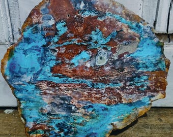 Turquoiseblauwe houten schijf als wanddecoratie – Rustieke boho abstracte wanddecoratie (23 cm)