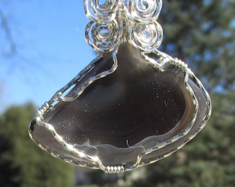 Amethyst Agate pendant  wire wrapped in Silver wire Necklace