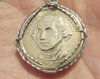 Gold dollar necklace , President Washington gold dollar Pendent, wire wrapped in silver.