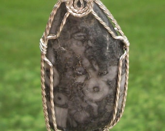 Fossil Rock pendant wire wrapped in silverfilled wire.