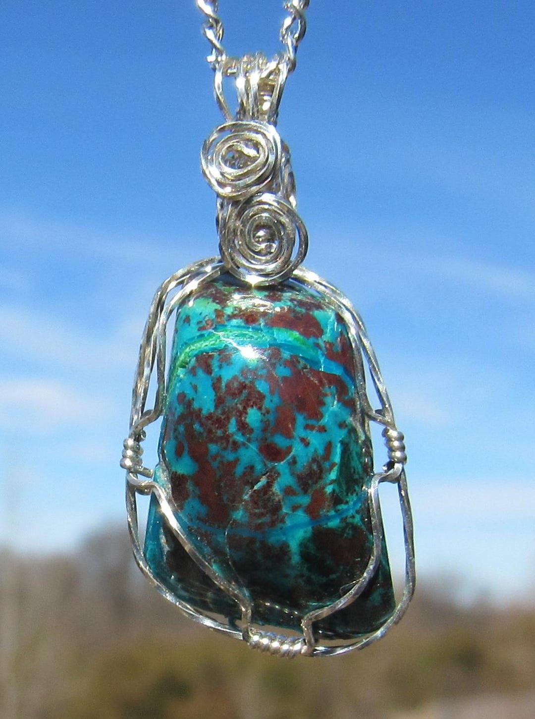 クリソコラ カバションのワイヤーラップペンダント、シルバー。 - Etsy