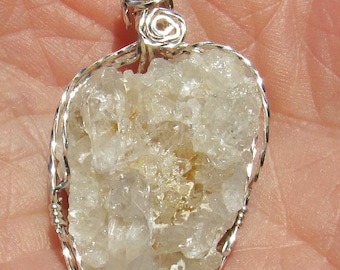 Natural Quartz Crystal Cluster  Pendant wire wrapped in brass wire