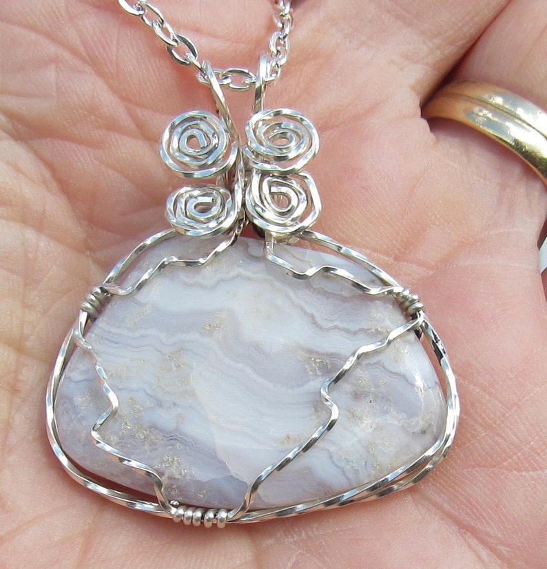 Blue Lace Agate Pendant Wrapped in Argentium Silver Wire. - Etsy