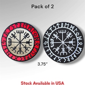 May include: A pack of 2 circular embroidered patches measuring 3.75 inches. One patch features a red border with black runic symbols surrounding a beige center with a black Vegvisir symbol. The other is black with white runes and symbol.
