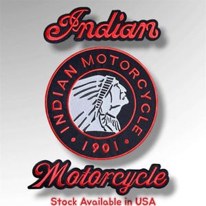 May include: Three embroidered patches featuring the Indian Motorcycle brand. The top patch displays the word Indian in red script. The center circular patch shows a profile of a Native American figure with the text Indian Motorcycle 1901. The bottom patch reads Motorcycle in red script.
