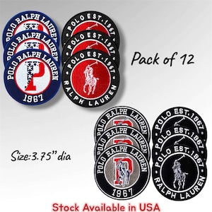 May include: A pack of 12 circular embroidered patches featuring Polo Ralph Lauren branding. The designs include the iconic polo player logo and the letter P with stars and stripes. Each patch measures 3.75 inches in diameter, with various color combinations including red, white, blue, black, and grey.