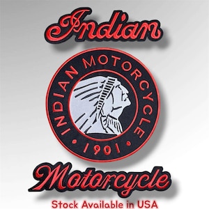 May include: Three embroidered patches featuring the Indian Motorcycle brand. The top patch displays the word Indian in red script. The center circular patch shows a profile of a Native American figure with the text Indian Motorcycle 1901. The bottom patch reads Motorcycle in red script.
