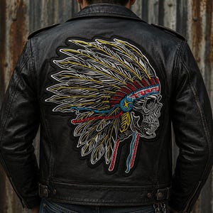 May include: A black leather jacket featuring a large embroidered patch on the back. The patch depicts a human skull wearing a detailed feathered headdress in shades of yellow, white, red, and blue, with intricate stitching throughout the design.