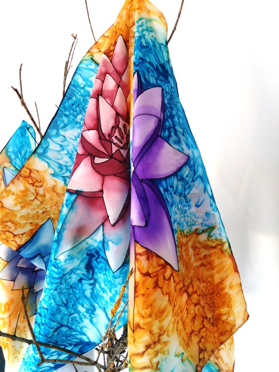Silk scarf handpainted water lily. gift for mother bride.. Etsy