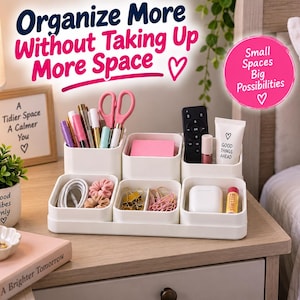 May include: A white plastic desk organizer with multiple compartments containing pens, scissors, a remote, a tube labeled Good Things Ahead, a charging cable, hair ties, binder clips, and a lip balm. Text reads Organize More Without Taking Up More Space.
