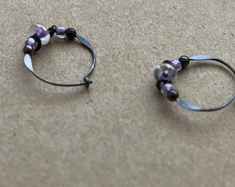 Dark Silver with Purple and Gray Bead Hoop Earrings