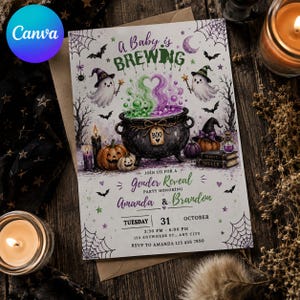 May include: A rectangular invitation card featuring the text A Baby is Brewing, Gender Reveal, and party details. The design includes a black cauldron, two ghosts in witch hats, pumpkins, bats, spiderwebs, and purple and green smoke.