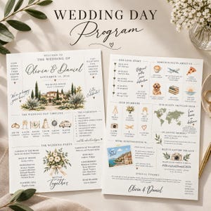 Op de afbeelding: Een tweezijdig trouwprogramma voor Olivia en Daniel met een aquarelillustratie van een villa, een tijdlijn, de bruiloftsgasten, een liefdesverhaal, leuke weetjes, een wereldkaart en een foto van Positano, Italië, gedrukt op wit papier.