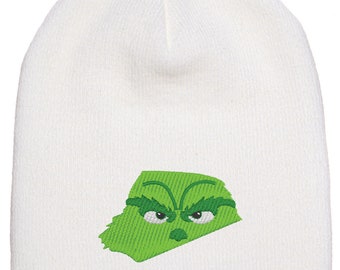 Peeking Grinch Christmas embroidered beanie; Grinch Beanie multiple colors; adult/youth beanie caps; Christmas Beanie