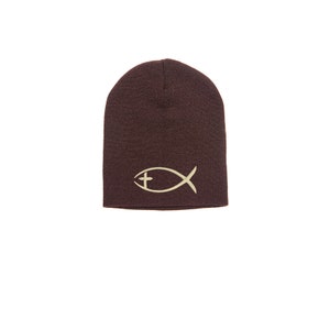 Ichthys Jesus Fish with Cross embroidered beanies; Religious beanie multiple colors; Adult/youth beanie caps