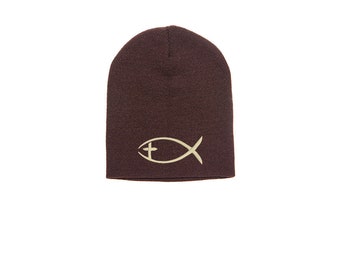 Ichthys Jesus Fish with Cross embroidered beanies; Religious beanie multiple colors; Adult/youth beanie caps