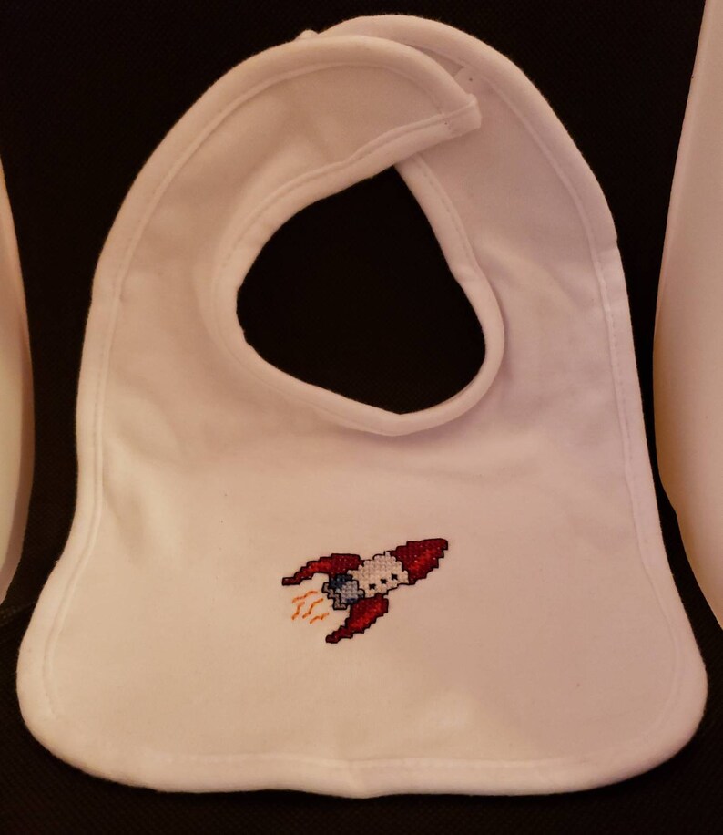 Rocket Motif cross stitch baby bib