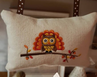 Thanksgiving Owl embroidered fall or Autumn pillow ornament