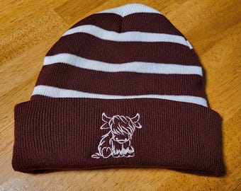 Highland Cow embroidered knit hat; Highland Cow Design