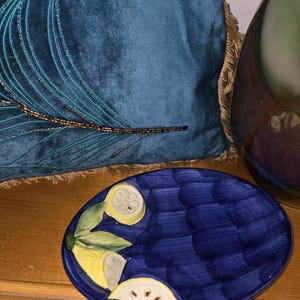 Vintage Italian Majolica Lemon Dish 3D Relief Cobalt Blue Ceramic Plate Made In Italy 8.5"