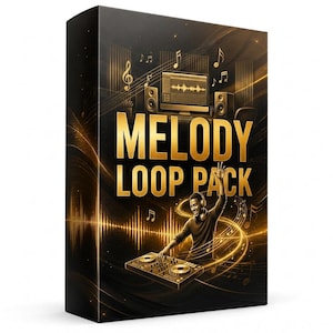 Könnte beinhalten: Eine rechteckige Produktbox mit dem Text MELODY LOOP PACK in großen goldenen Buchstaben. Das Design zeigt eine Person mit Kopfhörern an einem DJ-Controller, einen Computermonitor mit Wellenformanzeige und schwebende Musiknoten.