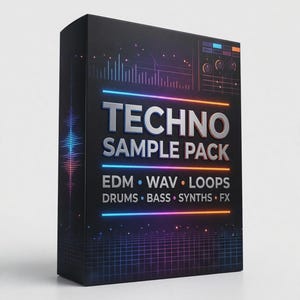 Könnte beinhalten: Eine schwarze rechteckige Box mit dem Text TECHNO SAMPLE PACK in Weiß, darunter EDM, WAV, LOOPS, DRUMS, BASS, SYNTHS und FX. Das Design enthält neonfarbene Schallwellengrafiken, ein Gittermuster und Bedienelemente für Audiogeräte.