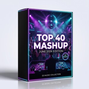 Op de afbeelding: Een rechthoekige productdoos met een DJ achter een mengpaneel in een nachtclub met een discobal, paarse en blauwe neonverlichting en de tekst TOP 40 MASHUP JUNE 2026 EDITION DJ READY DJ MUSIC COLLECTION op de voorzijde gedrukt.