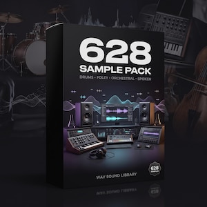 May include: A black rectangular box for a 628 Sample Pack WAV sound library. The front features white text reading 628 SAMPLE PACK DRUMS FOLEY ORCHESTRAL SPOKEN, with a graphic of a music studio setup including speakers, a keyboard, and monitors.