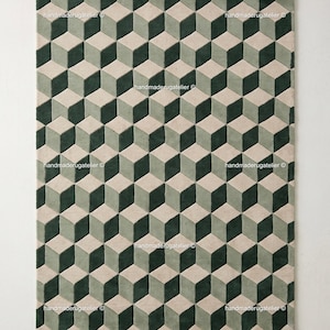 May include: A rectangular area rug featuring a repeating geometric pattern of three-dimensional cubes in shades of dark forest green, sage green, and light beige. The text handmaderugatelier is visible in multiple locations across the surface.