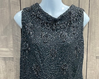 Vintage Late 60s Helen Wong Wool Beaded Sequin Top Sz 40 Black Zip Back