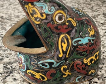 Vintage Chinese cloisonné-kikkerasbak 3,5&quot; hoog, 4&quot; brede zwarte basis Oosters