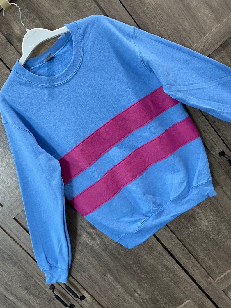 Frisk shirt, Undertale shirt, Frisk sweatshirt, costume, cosplay shirt, blue with fushia stripes, unisex adult sizes image 1