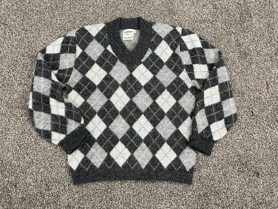 Vtg 60s 70s Arrow Orlon Acrylic V Neck Argyle Sweater Fuzzy Size  