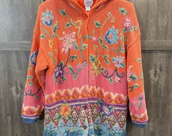 Vintage des années 90 ENSEMBLE cardigan épais doublé en tricot floral à capuche Swester sz LARGE