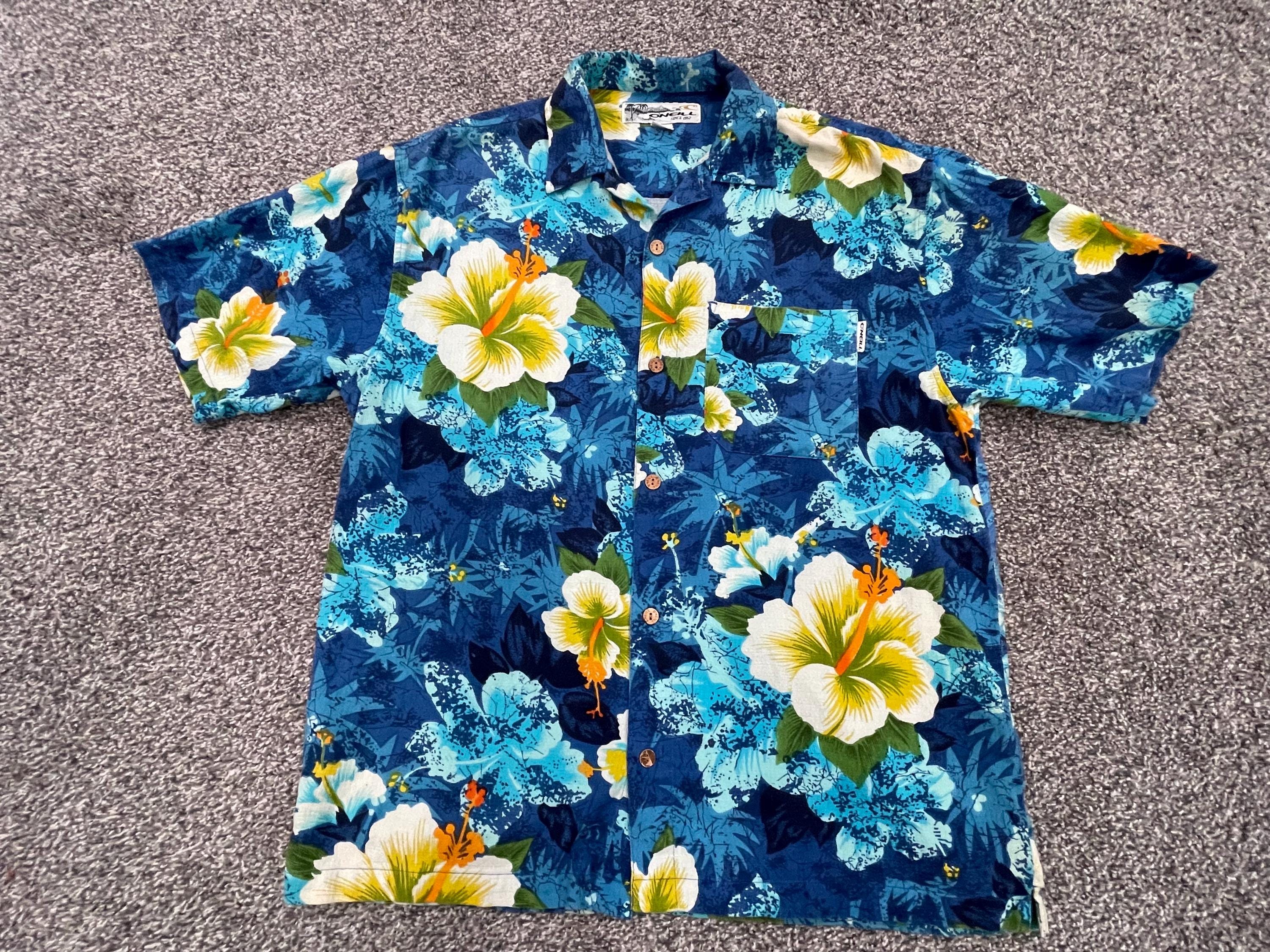 Vintage O'NEILL Cotton Barkcloth Tropical Floral S/S Hawaiian Mens Shirt Large