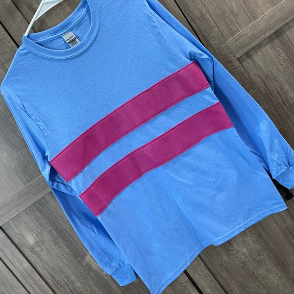 ADULT Undertale Frisk long sleeve t-shirt, costume, cosplay shirt, blue with fushia stripes unisex sizes small, medium, large, xlarge